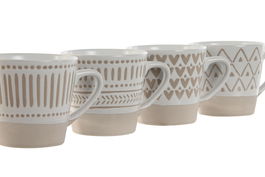 DKD Home Decor Tazas de Café Boho de Gres Beige Blanco 180ml Set de 4, Apto Microondas y Lavavajillas