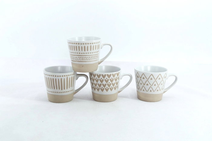 DKD Home Decor Tazas de Café Boho de Gres Beige Blanco 180ml Set de 4, Apto Microondas y Lavavajillas