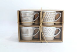 DKD Home Decor Tazas de Café Boho de Gres Beige Blanco 180ml Set de 4, Apto Microondas y Lavavajillas