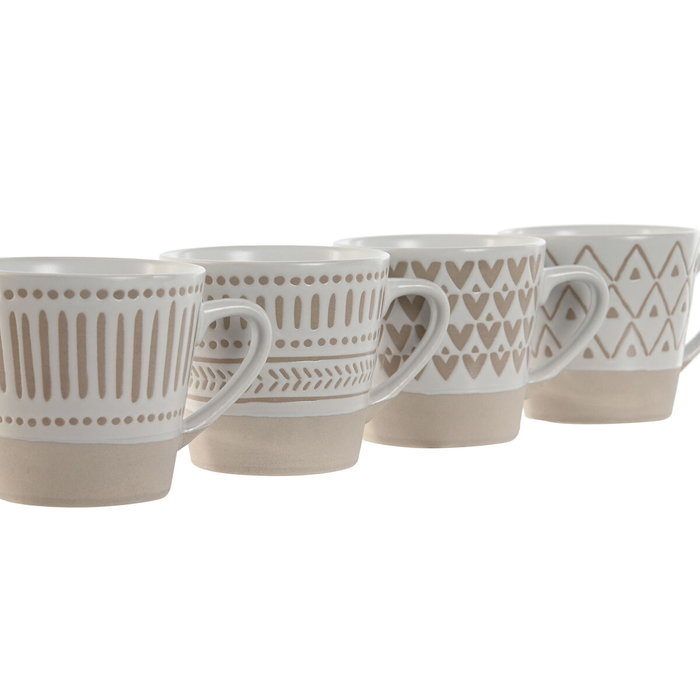 DKD Home Decor Tazas de Café Boho de Gres Beige Blanco 180ml Set de 4