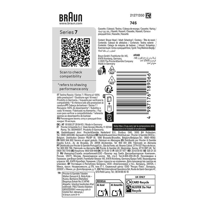 Braun Series 7 74S Cabezal para afeitado, 3 Recambios, Negro y Acero Inoxidable, Compatible con Máquinas Braun Series 7