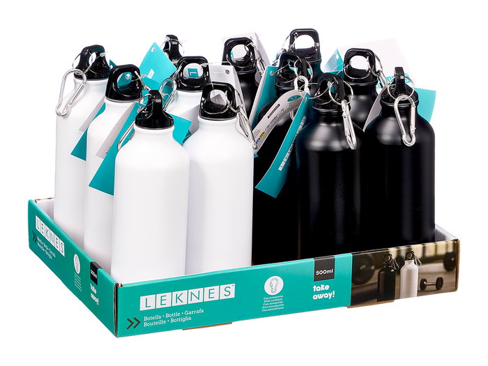 LEKNES Botella con Mosquetón 500 ml de Aluminio y Plástico, 21.5 cm de Alto, Surtido en Colores (Set de 24)
