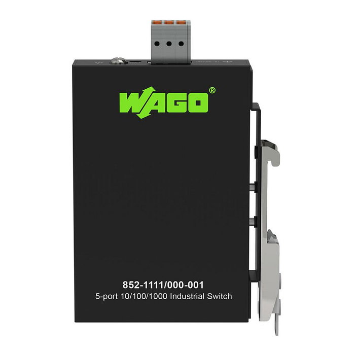 WAGO 852-1111/000-001 Interruptor Industrial ECO, 5 Puertos Gigabit Ethernet (10/100/1000), Montaje en Carril DIN, IP30, Alimentación DC 12-48V