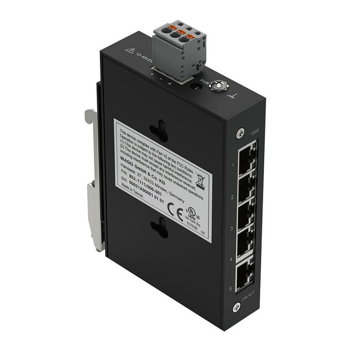 WAGO 852-1111/000-001 Interruptor Industrial ECO, 5 Puertos Gigabit Ethernet (10/100/1000), Montaje en Carril DIN, IP30, Alimentación DC 12-48V