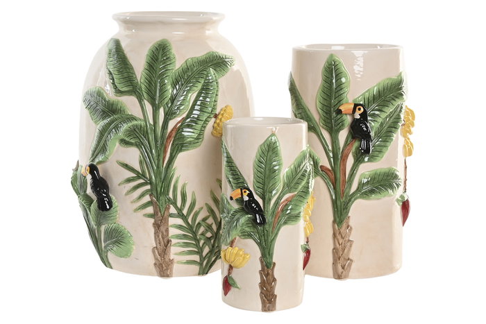 DKD Home Decor Jarrón de Cerámica Palmera y Pájaros Crudo/Verde
