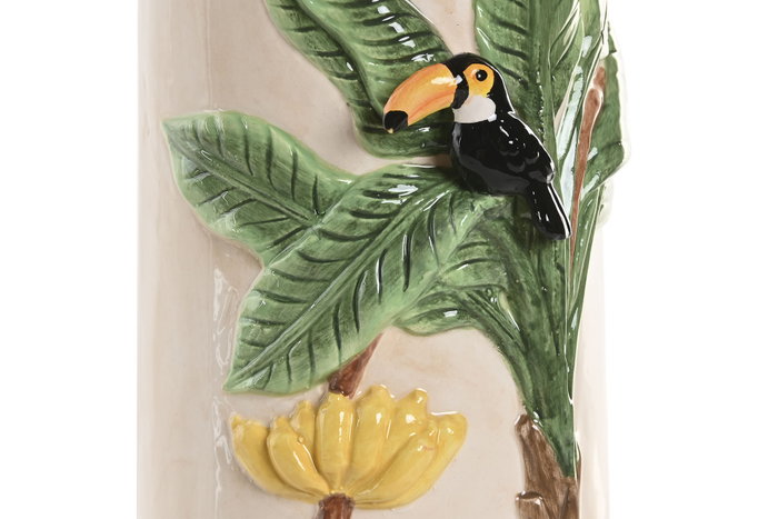 DKD Home Decor Jarrón de Cerámica Palmera y Pájaros Crudo/Verde