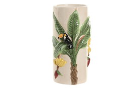 DKD Home Decor Jarrón de Cerámica Palmera y Pájaros Crudo/Verde
