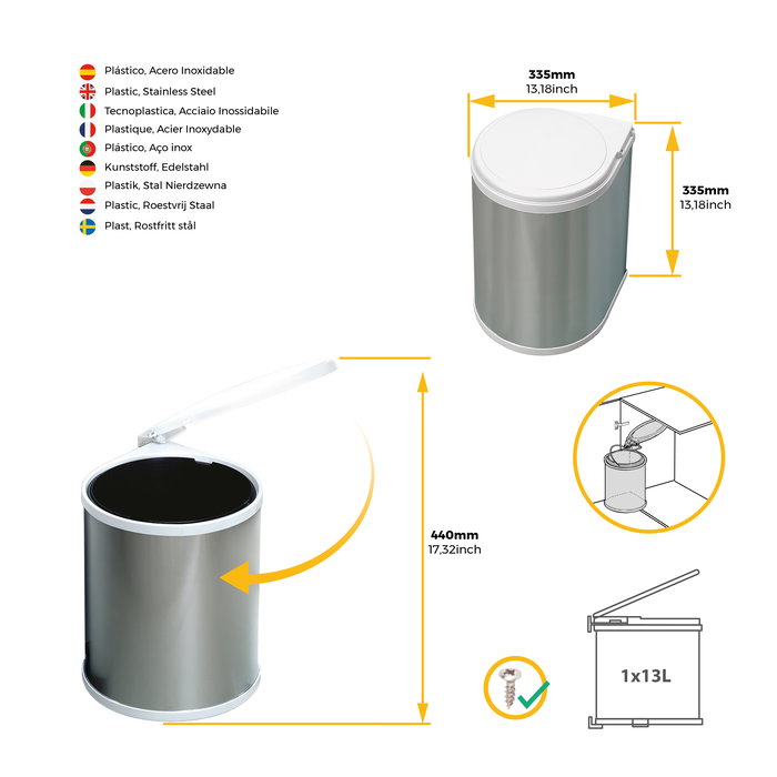 Emuca Contenedor de reciclaje para fijación a la puerta del mueble, 1 vaso extraíble de 13 litros, Plástico y Acero inoxidable