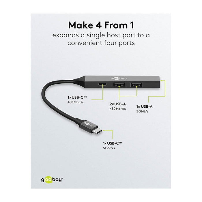 Goobay Slim 4-Port USB-Hub con USB-C™ a USB-C™/USB-A, 5 Gbit/s