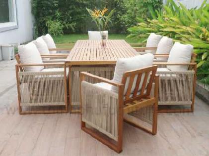 DKD Home Decor Mesa Comedor Lorenzzo Terraza Y Jardin Marron Crudo Eucalipto Cuerda Poliester 100 x 75 x 230 cm Set de 9