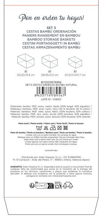 Confortime Set 3 Cestas de Ordenación Bambu Natural 32x22x15.5 cm y 28 cm (8 Unidades)