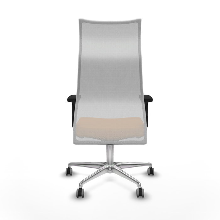 Sillón Albacete con mecanismo Sincro tapizada con Similpiel color Naranja y malla color Blanco. Equipado con Base aluminio, Brazos 2D y Ruedas 65 mm parqué