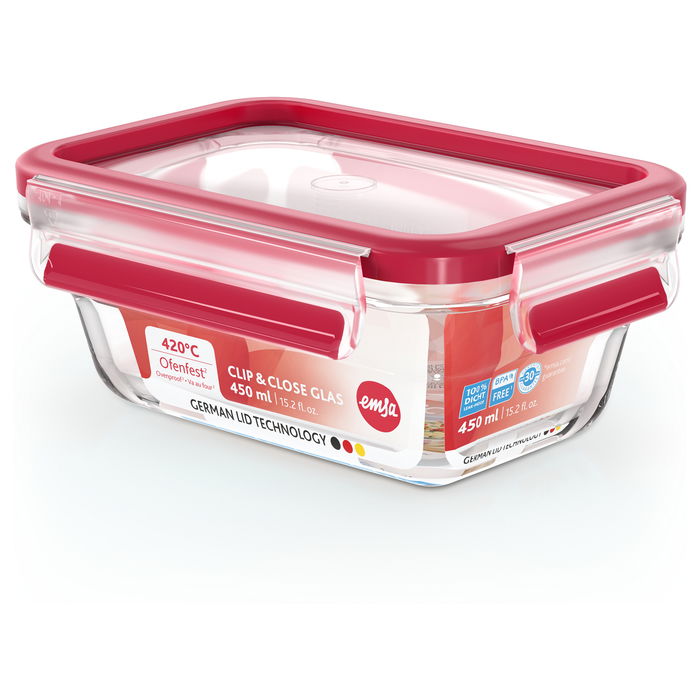 Emsa N10405 Clip & Close Glas Caja de Conservación Rectangular 0.45 L Transparente/Rot