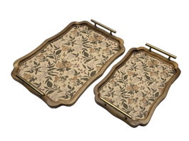 DKD Home Decor Set de 2 Bandejas de Acacia y Metal con Diseño de Flores Marrón