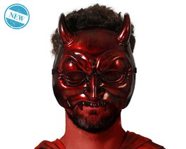 Máscara Demoníaca Roja Metalizada Con Cuernos Para Halloween Carnaval Terror