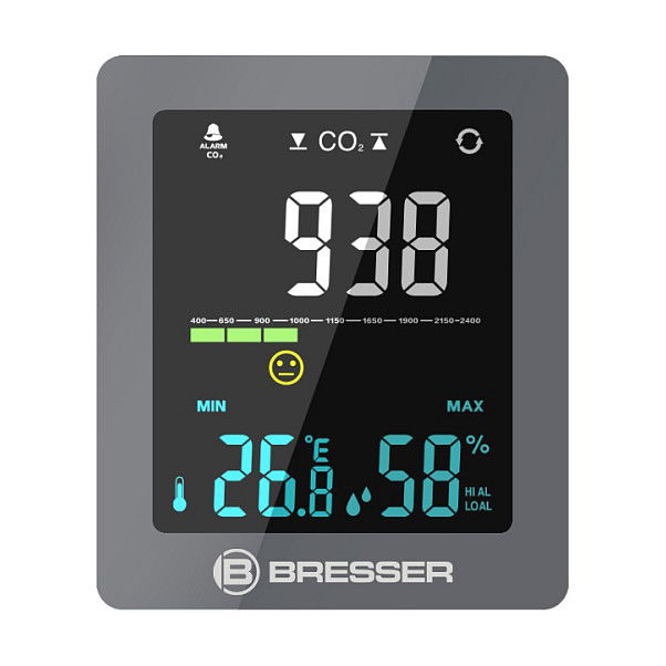Bresser 7004020GYE000 Monitor de Calidad del Aire CO2 con Medición de Temperatura y Humedad Gris