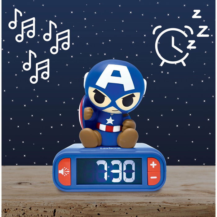 Lexibook Reloj Despertador Luz Nocturna 3D Capitán América Vengadores Avengers Marvel con Pantalla LCD Retroiluminada y Sonidos