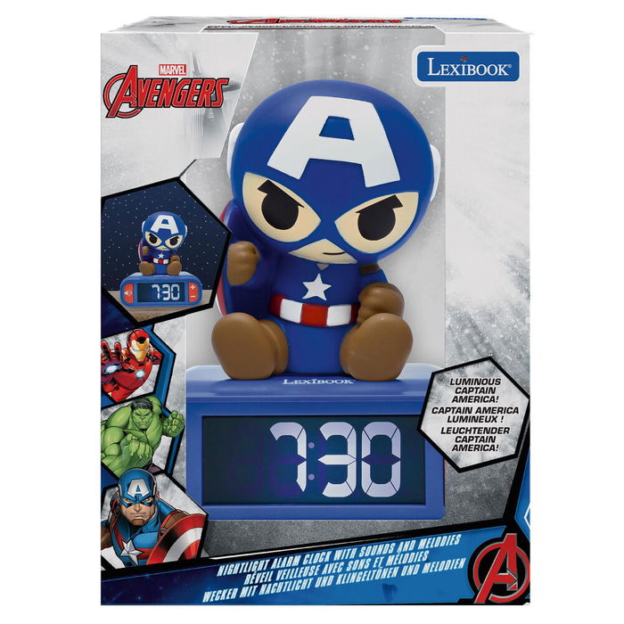 Lexibook Reloj Despertador Luz Nocturna 3D Capitán América Vengadores Avengers Marvel con Pantalla LCD Retroiluminada y Sonidos