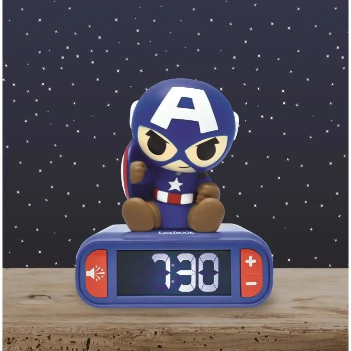 Lexibook Reloj Despertador Luz Nocturna 3D Capitán América Vengadores Avengers Marvel con Pantalla LCD Retroiluminada y Sonidos