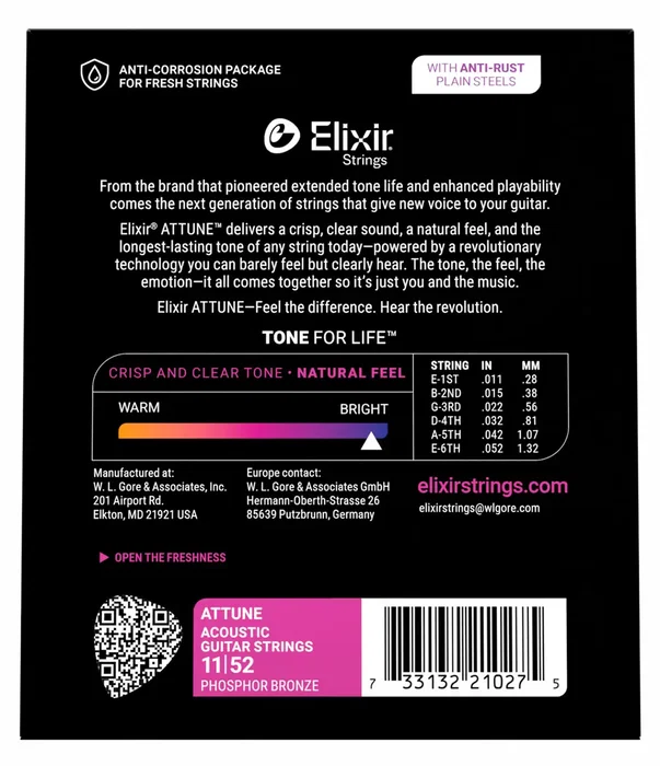 ELIXIR Juego de Cuerdas Acústicas Attune Phosphor Bronze Custom Light 11-52 - Para Guitarra