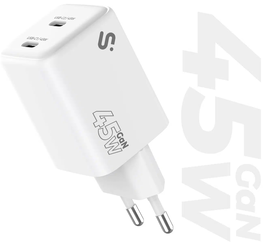 CARGADOR PARED/VIAJE 2xUSB-C GaN 45W PD BLANCO SUBBLIM