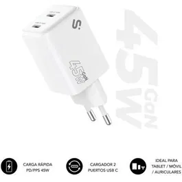 Subblim SUBCHG-6G4520 Cargador de Pared GaN 45W con 2x USB-C, Carga Rápida PD 3.0 y PPS