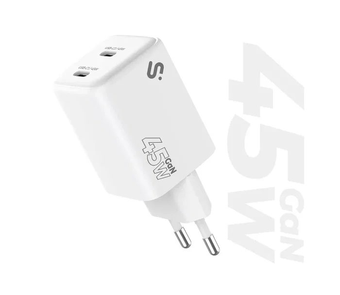 Subblim SUBCHG-6G4520 Cargador de Pared GaN 45W Doble USB-C PD 3.0 PPS Blanco, Carga Rápida Universal para Viaje, Laptop y Smartphone