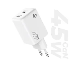Subblim SUBCHG-6G4520 Cargador de Pared GaN 45W Doble USB-C PD 3.0 PPS Blanco, Carga Rápida Universal para Viaje, Laptop y Smartphone