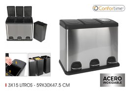 Confortime Cubo Reciclaje con Pedal 3x15 Litros 60 x 36 x 47.5 cm