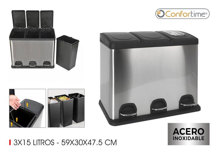 Confortime Cubo Reciclaje con Pedal 3x15 Litros 60 x 36 x 47.5 cm Confortime Cubo Reciclaje con Pedal 3x15 Litros 60 x 36 x 47.5 cm