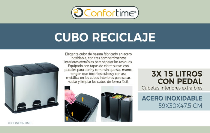 Confortime Cubo Reciclaje con Pedal 3x15 Litros 60 x 36 x 47.5 cm Confortime Cubo Reciclaje con Pedal 3x15 Litros 60 x 36 x 47.5 cm