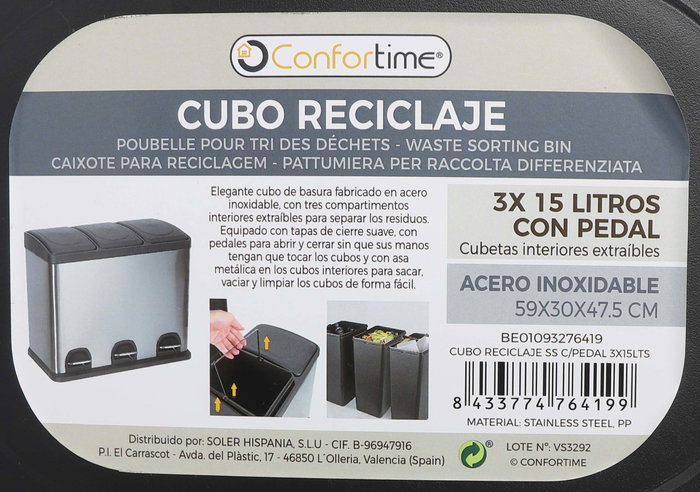Confortime Cubo Reciclaje con Pedal 3x15 Litros 60 x 36 x 47.5 cm