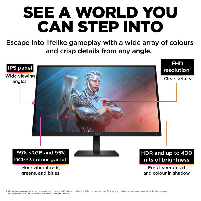 HP OMEN Monitor Gaming 27" (27 pulgadas) - Pantalla IPS FHD 1920x1080, 165 Hz, 1 ms, AMD FreeSync Premium, HDR 400, Soporte VESA, Negro