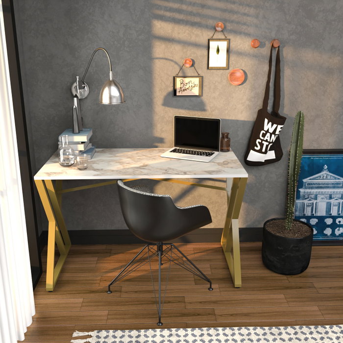 Hanah Home Mesa de Estudio Moderna Blanca y Dorada, 120x60x75 cm, Tablero Partículas Melamina