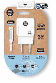 Tech One Tech Cargador de Pared 20W con Tecnología GaN y Cable Lightning Blanco TEC2222