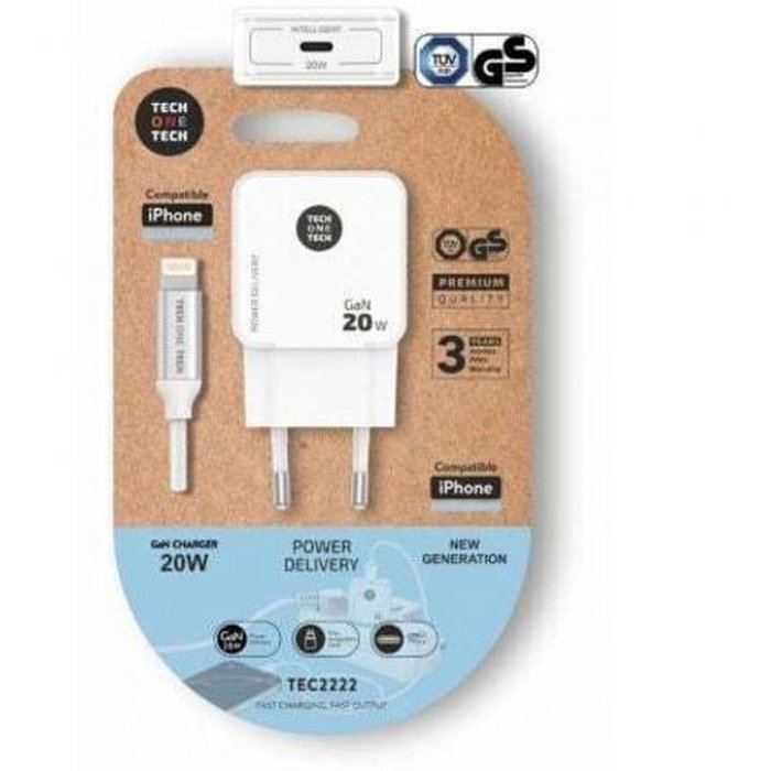 Tech One Tech Cargador de Pared 20W con Tecnología GaN y Cable Lightning Blanco TEC2222 Tech One Tech Cargador de Pared 20W con Tecnología GaN y Cable Lightning Blanco TEC2222