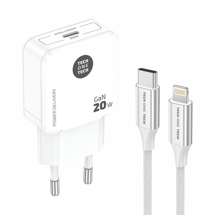 Tech One Tech Cargador de Pared 20W con Tecnología GaN y Cable Lightning Blanco TEC2222 Tech One Tech Cargador de Pared 20W con Tecnología GaN y Cable Lightning Blanco TEC2222