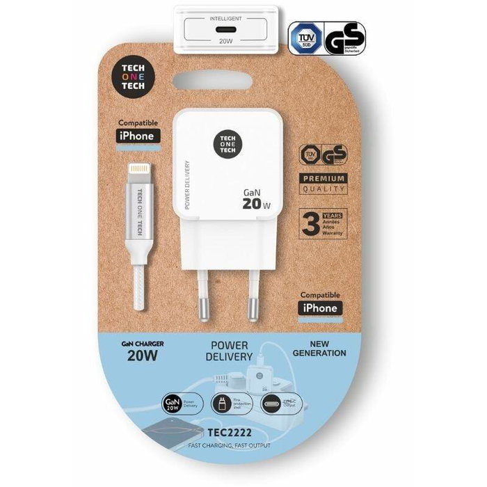 Tech One Tech Cargador de Pared TEC2222 GaN 20W PD 3.0 con Cable Lightning, USB-C, Ultra Rápido, Compatible iPhone 14/13/12/11/SE/XS, Blanco, Certificado TÜV GS
