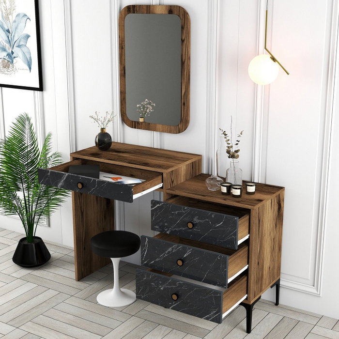 Hanah Home Lizbon 548 Cómoda Nogal y Negro con Espejo, 124cm Ancho x 84.7cm Alto, Materiales Melamina y Metal