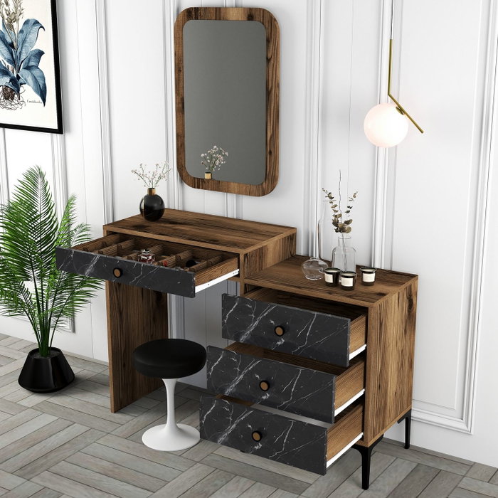 Hanah Home Lizbon 548 Cómoda Nogal y Negro con Espejo, 124cm Ancho x 84.7cm Alto, Materiales Melamina y Metal