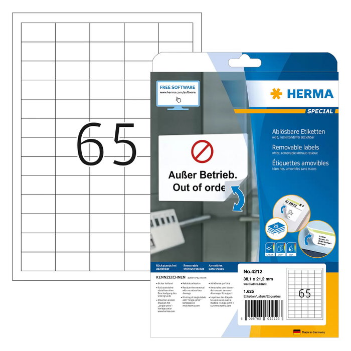 HERMA Etiquetas A4 blanco 38,1x21,2 mm despegables de papel HERMA Etiquetas A4 blanco 38,1x21,2 mm despegables de papel