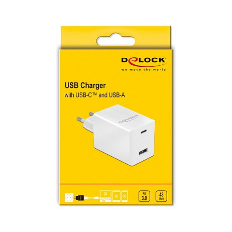 DeLOCK Cargador USB GaN Tipo-C PD 3.0 y USB Tipo-A 48W, 100-240V, Blanco, Carga Rápida para Múltiples Dispositivos DeLOCK Cargador USB GaN Tipo-C PD 3.0 y USB Tipo-A 48W, 100-240V, Blanco, Carga Rápida para Múltiples Dispositivos