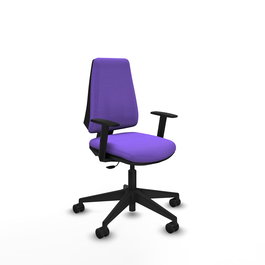 Silla de oficina Elche con mecanismo Contacto permanente básico tapizada con Tela color Lila. Equipada con Base piramidal negra, Brazos 1D y Ruedas 65mm nailon