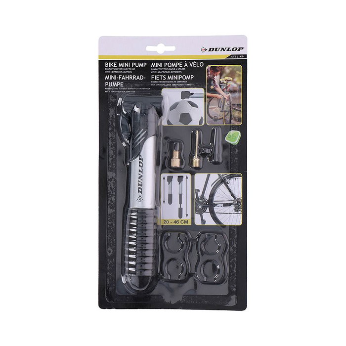 Dunlop Mini Bomba de Aire para Bicicleta con Soporte, Aluminio, 40x40x200mm, 3 Válvulas Incluidas