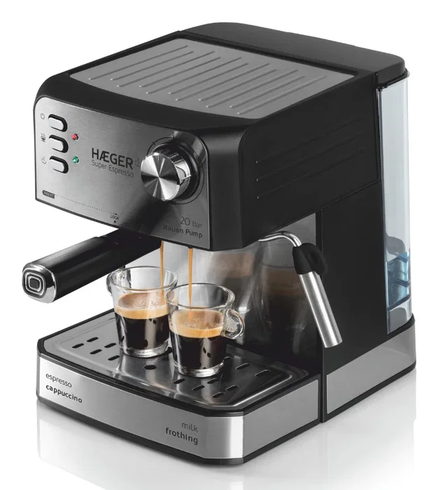 Haeger CM-85B.011A Máquina de Café Espresso Semi-automática Encimera 1.6 Litros 20 Bar 850W para Café Molido, Color Negro y Acero Inoxidable