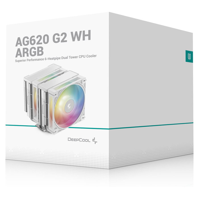 DeepCool AG620 G2 WH ARGB Refrigerador de CPU, 2 Ventiladores Blanco ARGB 120 mm, Soportes LGA1700/1851, AM4/AM5, 159 mm