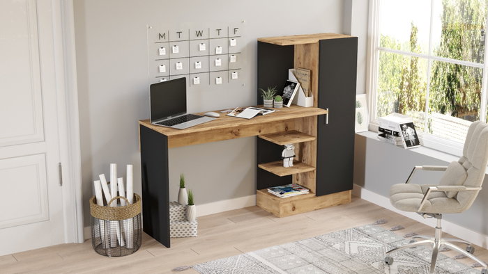 Hanah Home CT2-AB Mesa de Estudio Moderna y Elegante Pino Atlántico y Negro 152.3x120x40 cm Hanah Home CT2-AB Mesa de Estudio Moderna y Elegante Pino Atlántico y Negro 152.3x120x40 cm