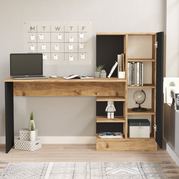 Hanah Home CT2-AB Mesa de Estudio Moderna y Elegante Pino Atlántico y Negro 152.3x120x40 cm Hanah Home CT2-AB Mesa de Estudio Moderna y Elegante Pino Atlántico y Negro 152.3x120x40 cm