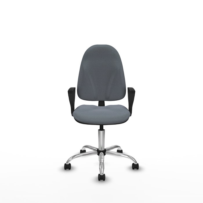 Silla de oficina Algarra con mecanismo Contacto permanente básico tapizada con Tela color Gris. Equipada con Base cromada, Brazos fijos y Ruedas autofrenantes