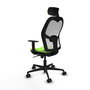 Silla de oficina Jorquera con mecanismo Sincro tapizada con Tela color Pistacho y malla color Blanco. Equipada con lumbar 1D, Brazos 1D, Cabecero 2D y Ruedas 65mm nailon
